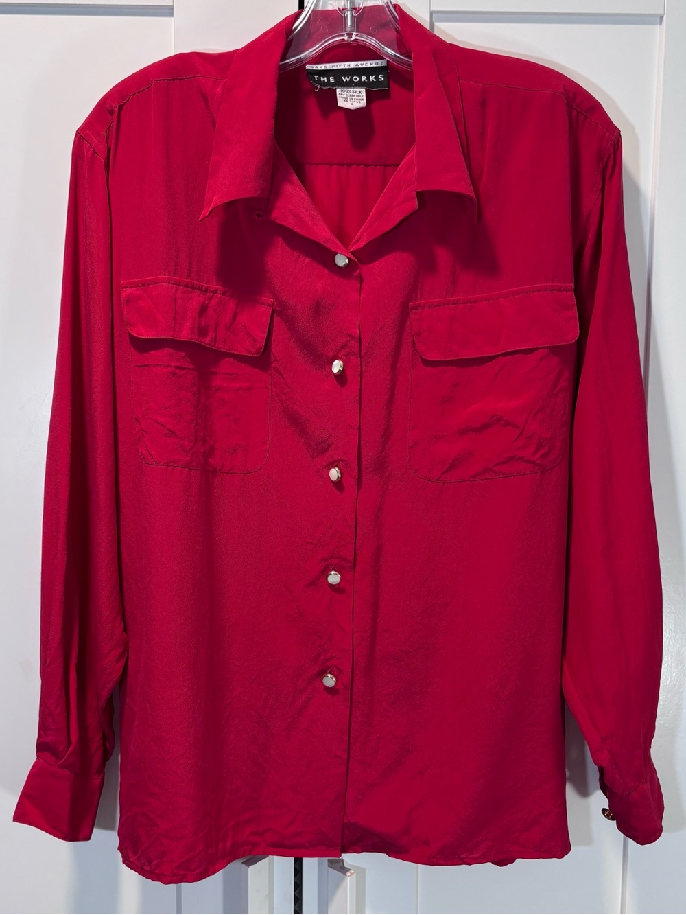 Vintage 100% Silk Saks Fifth Avenue The Works Blouse 8 Red Button Up 80s 90s VTG